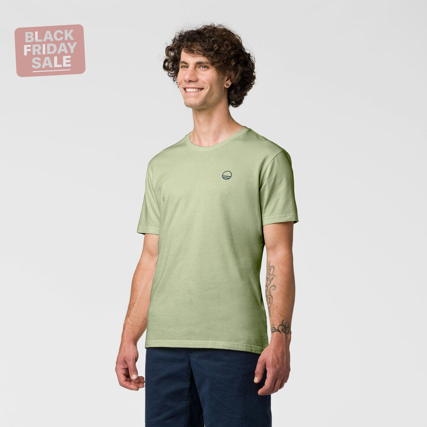 Wild Country Climbing Flow T-Shirt Man Outdoor Action Jade - Front Angled Fit on Model