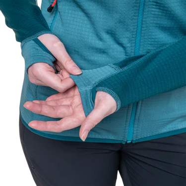 Mountain Equipment Eclipse Hooded Women's Jacket Outdoor Action Topaz/Medieval- Thumb loops