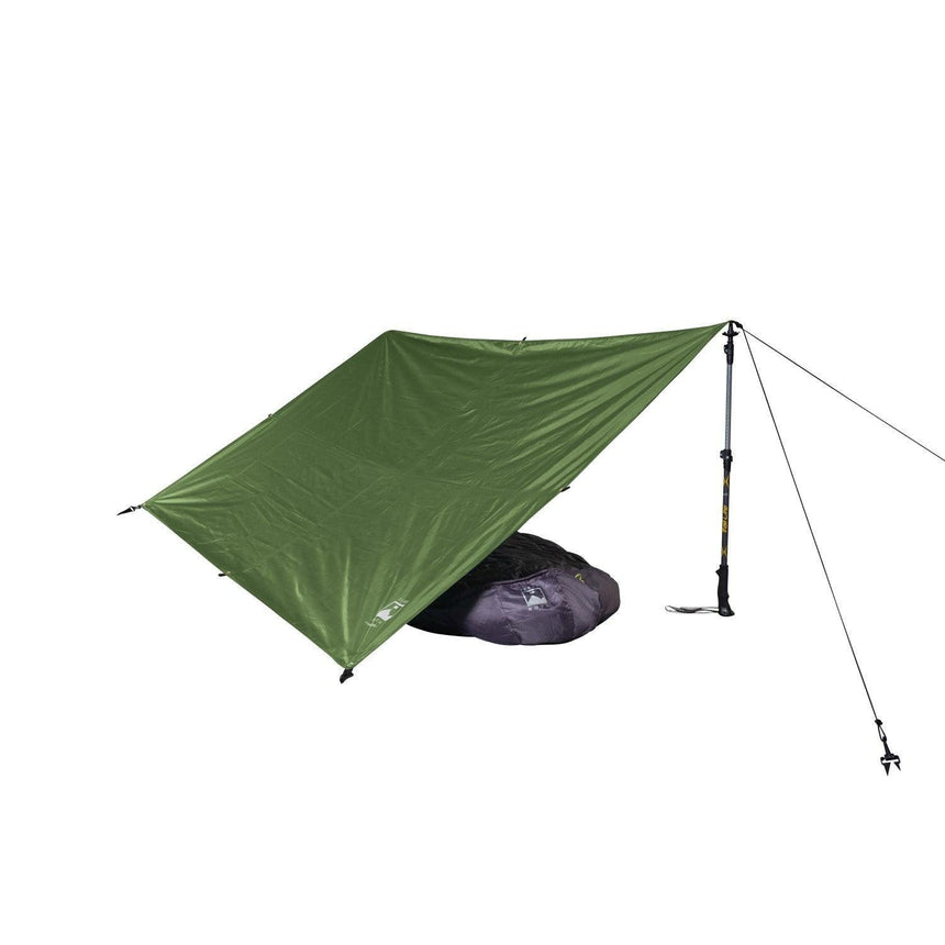 Green camping tarp with a stake and Black Friday sale label on a white background