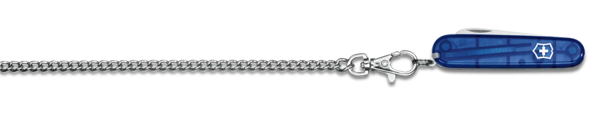 Blue Swiss Army knife on a silver chain against a white background