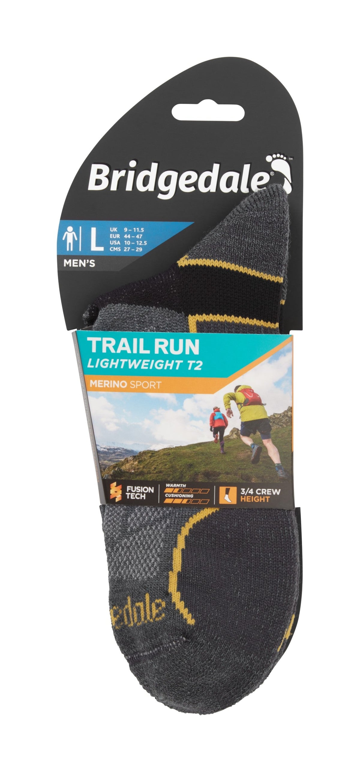 Bridgedale Trail Run Lightweight T2 Merino Sport 3/4 Crew Socks in Gunmetal - packaging