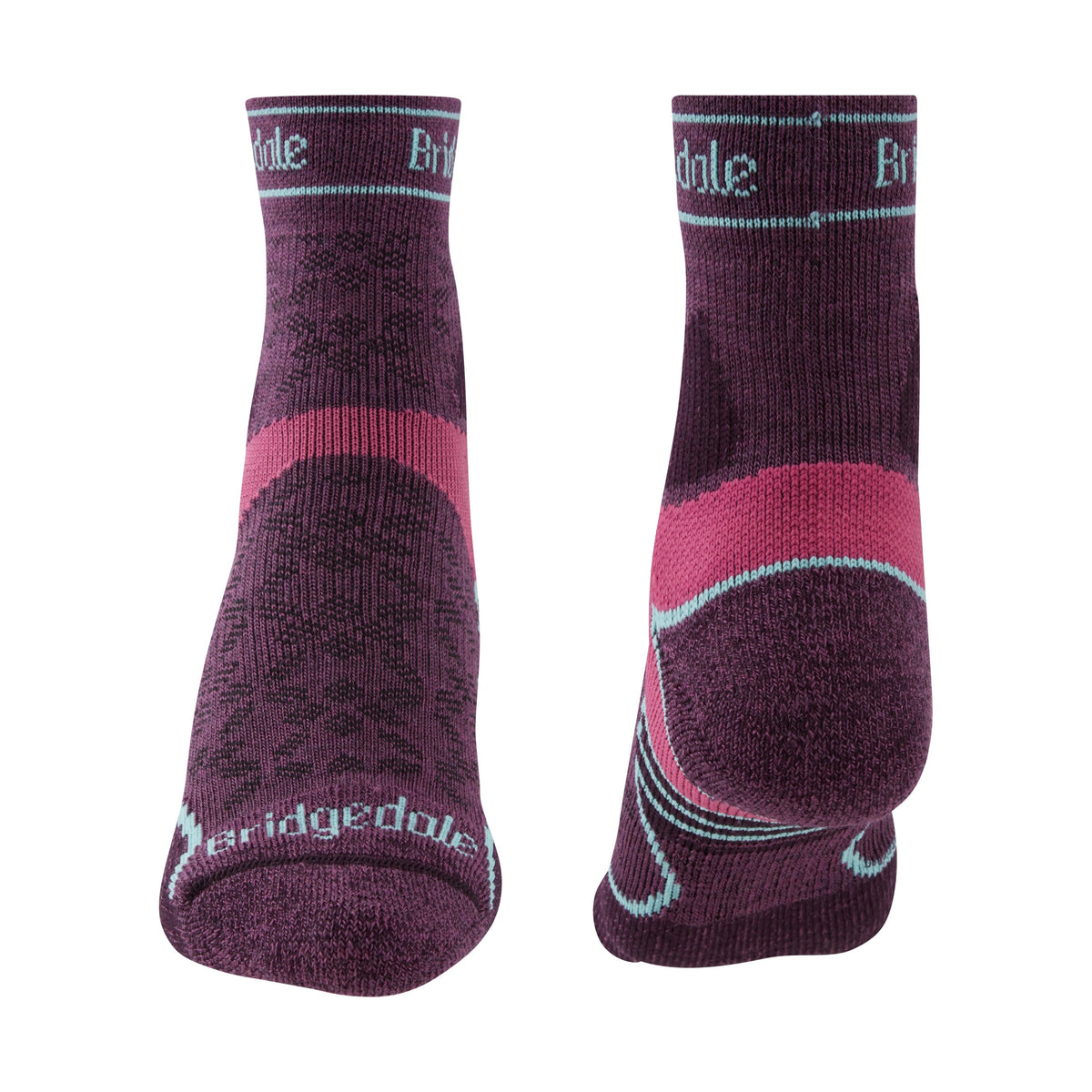 Bridgedale Women's Trail Run Lightweight T2 Merino Sport 3/4 Crew Socks in Charcoal/Purple - front and back
