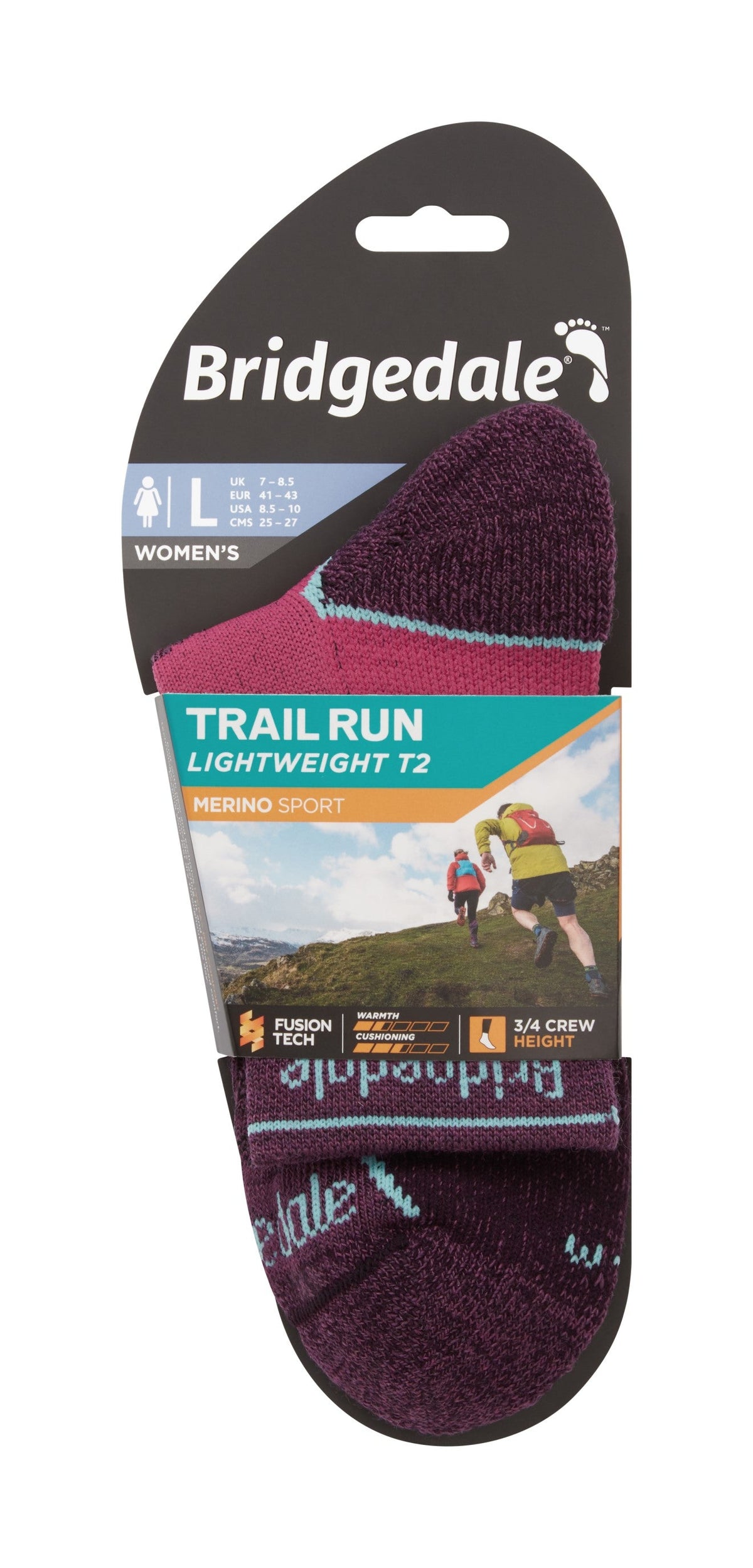 Bridgedale Women's Trail Run Lightweight T2 Merino Sport 3/4 Crew Socks in Charcoal/Purple - packaging