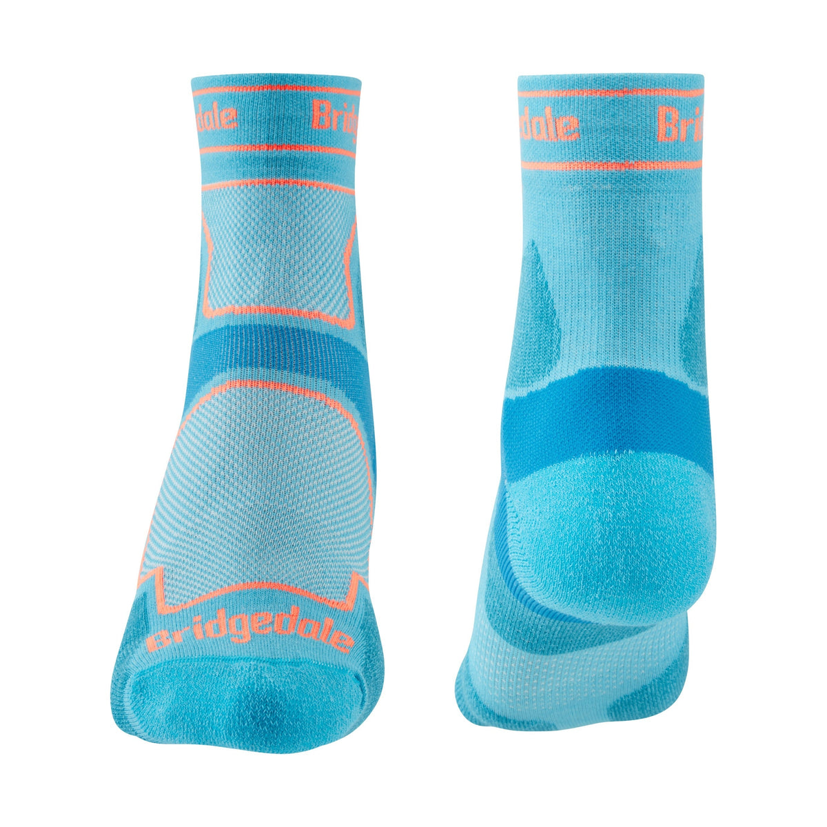 Bridgedale Women's Trail Run Ultra Light T2 Coolmax Sport 3/4 Crew Socks in Blue - front and back