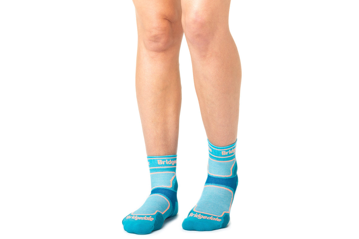 Bridgedale Women's Trail Run Ultra Light T2 Coolmax Sport 3/4 Crew Socks in Blue - worn