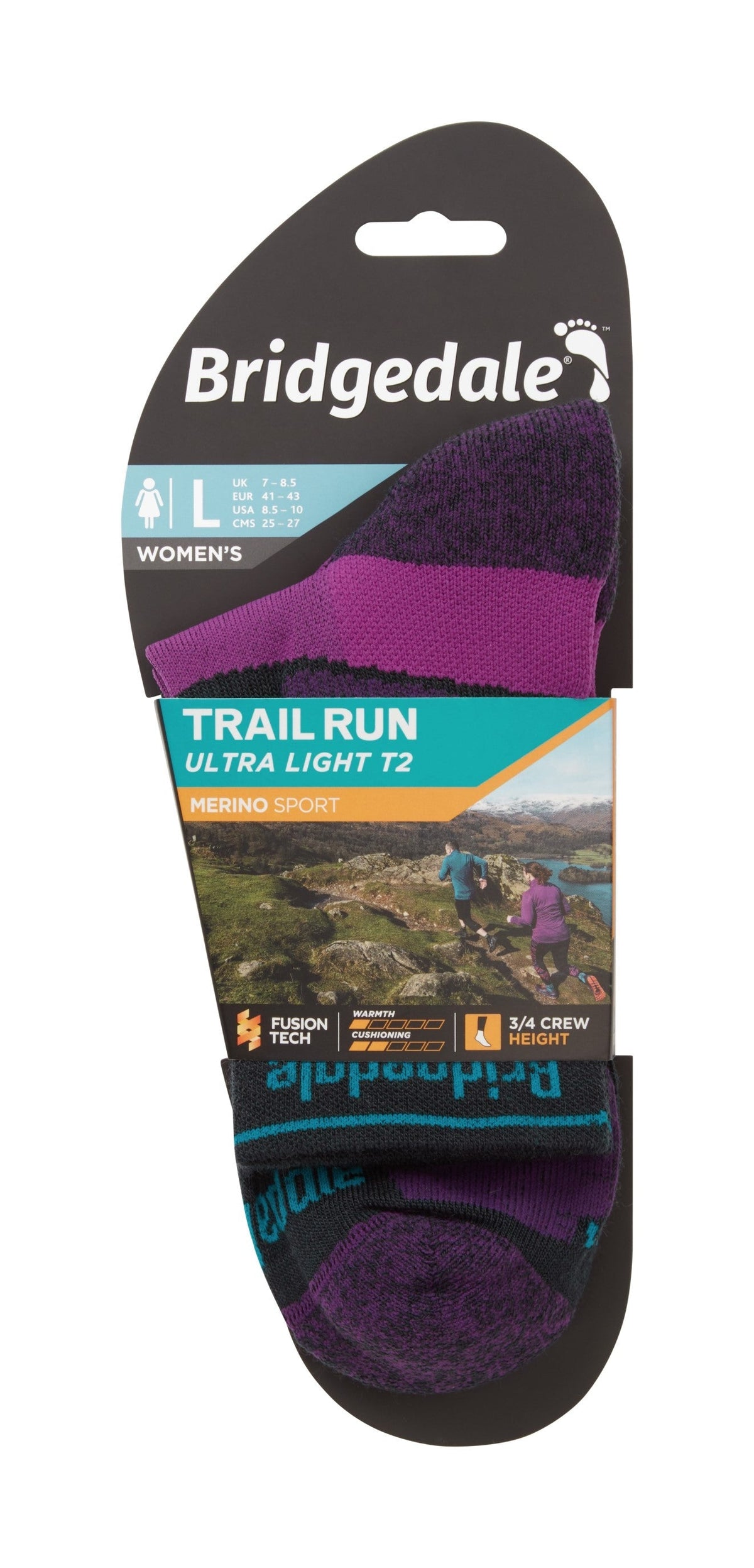 Bridgedale Women's Trail Run Ultralight T2 Merino Sport 3/4 Crew Socks in Damson - packaging