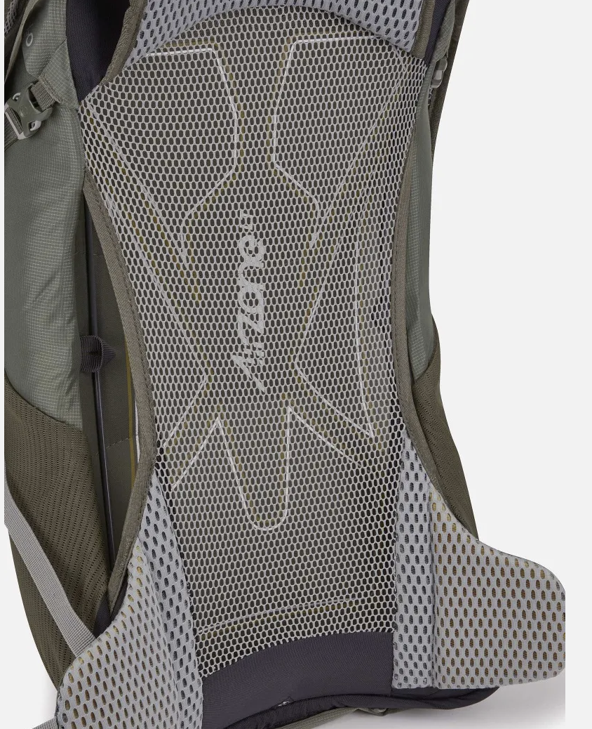 Close-up of a backpack with a mesh back panel and brand logo on a white background