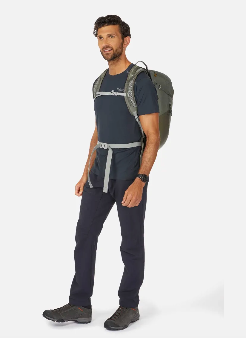 Man wearing a backpack showing front straps