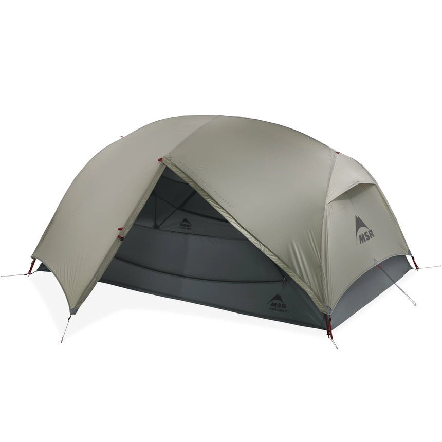 MSR Backpacking Tent Outdoor Action- fly door open