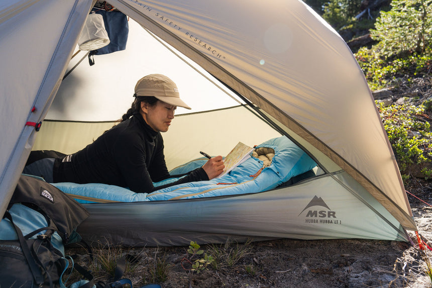 MSR Hubba Hubba™ LT 1-Person Backpacking Tent Outdoor Action- StayDry™ door w/ logo