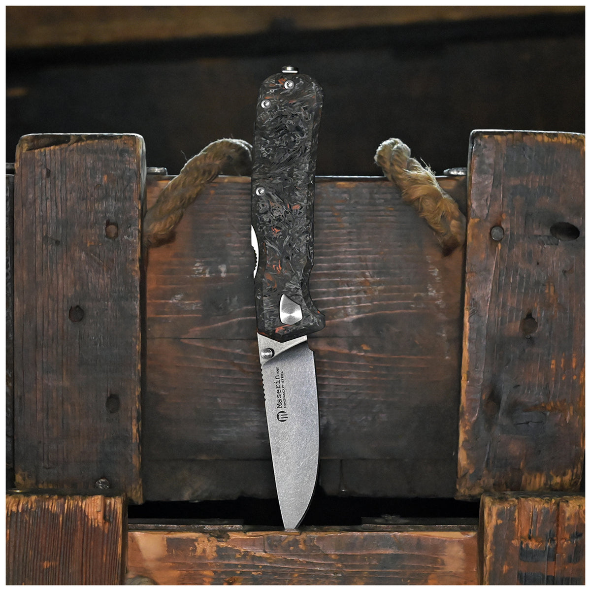 Maserin 630 Pulse curved drop point MagnaCut steel blade with stonewashed finish - HRC 62 hardness