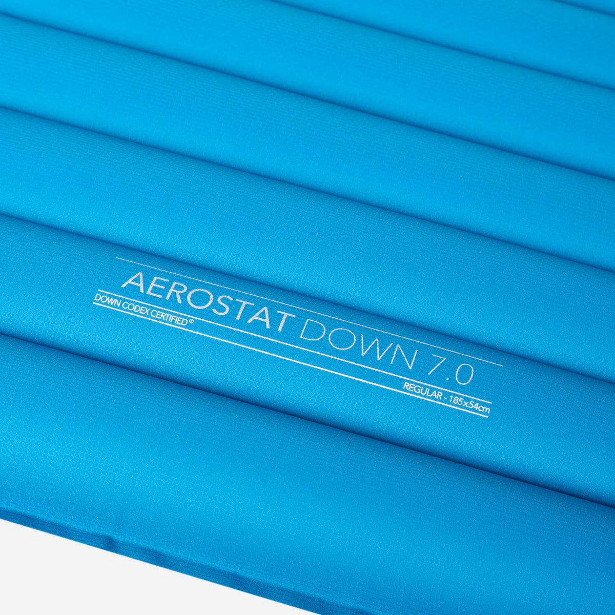 Mountain Equipment Aerostat Down 7.0 Sleeping Mat in Mykonos Blue - Close-Up of Product Details