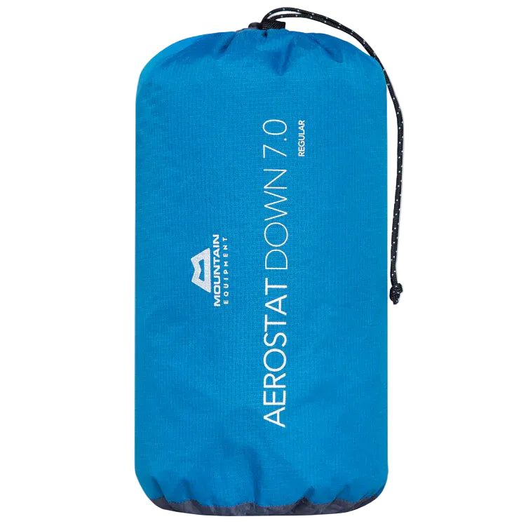 Mountain Equipment Aerostat Down 7.0 Sleeping Mat in Mykonos Blue - Full Front View in Storage Bag