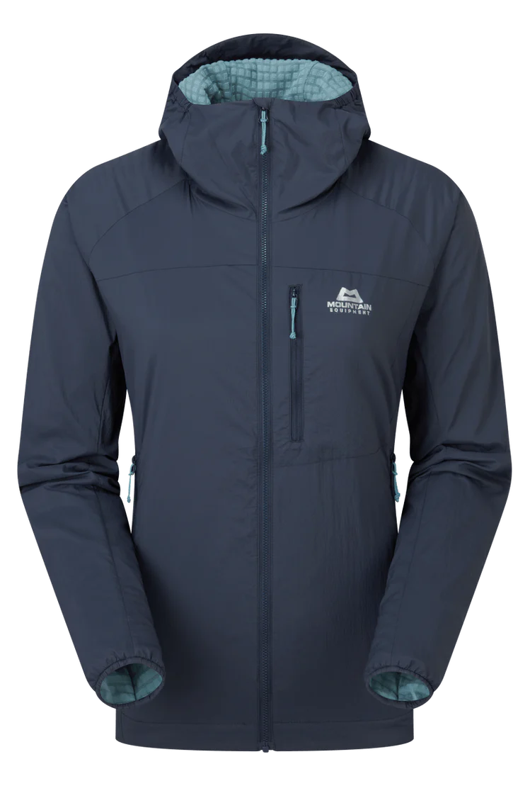 Mountain Equipment Aerotherm Hooded Women's Jacket in Blue Nights - Front flat lay