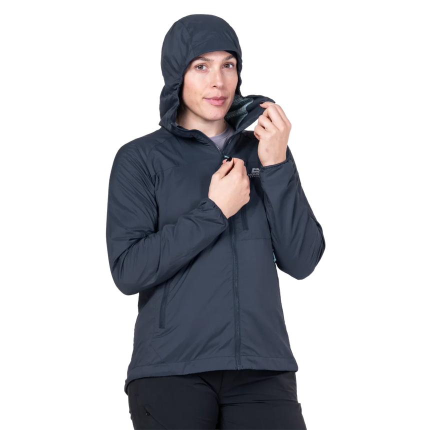 Mountain Equipment Aerotherm Hooded Women's Jacket in Blue Nights - Hood up model view