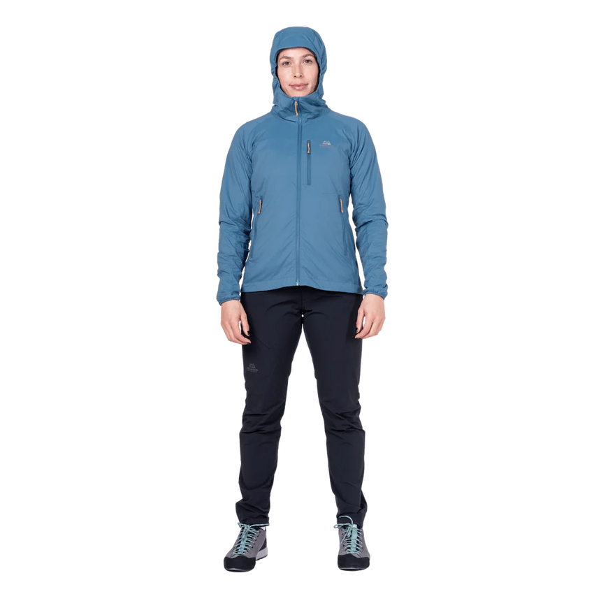 Mountain Equipment Aerotherm Hooded Women's Jacket in Stellar Blue - Front model view alternate