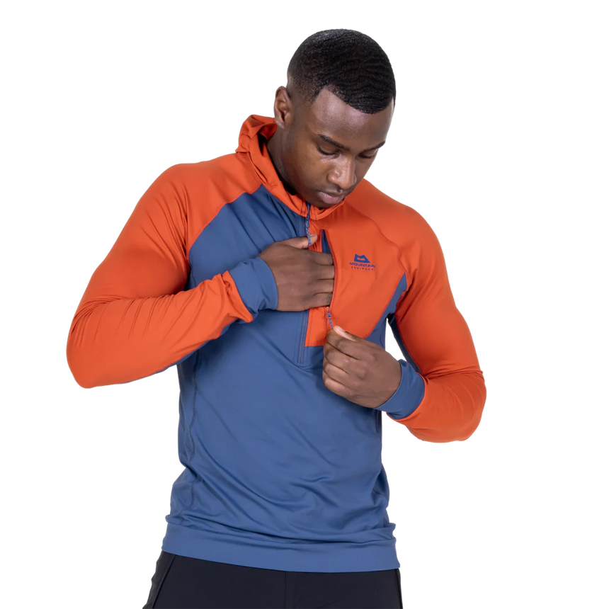 Mountain Equipment Aiguille Hooded Men's Top in Dusk/Red Rock - On Model Hood Up