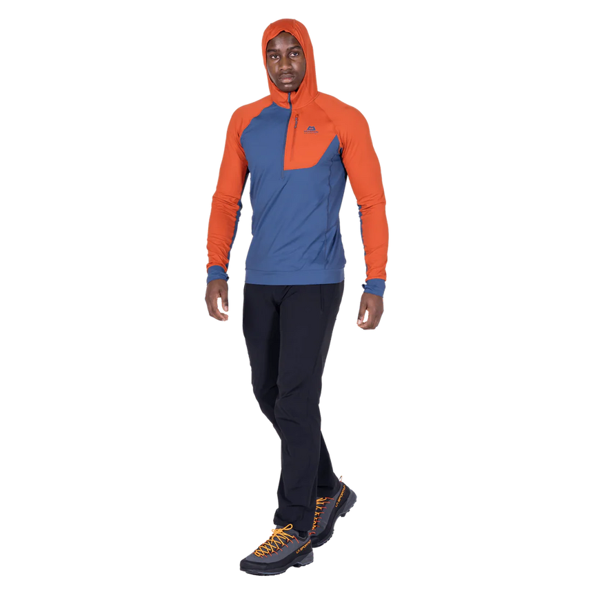 Mountain Equipment Aiguille Hooded Men's Top in Dusk/Red Rock - On Model Walking Front