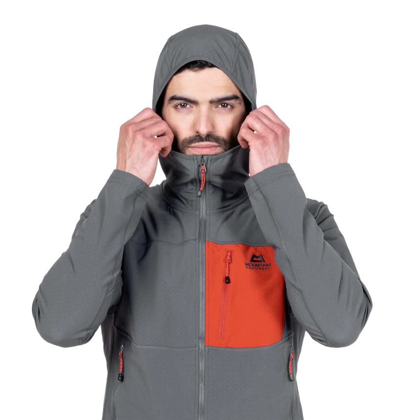 Mountain Equipment Arrow Hooded Men's Jacket in Anvil/Redrock - On Model Hood Front