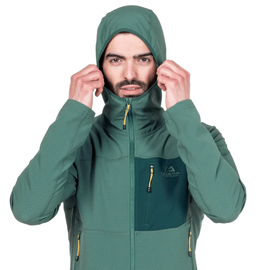 Mountain Equipment Arrow Hooded Men's Jacket in Fern/Pine - On Model Hood Front