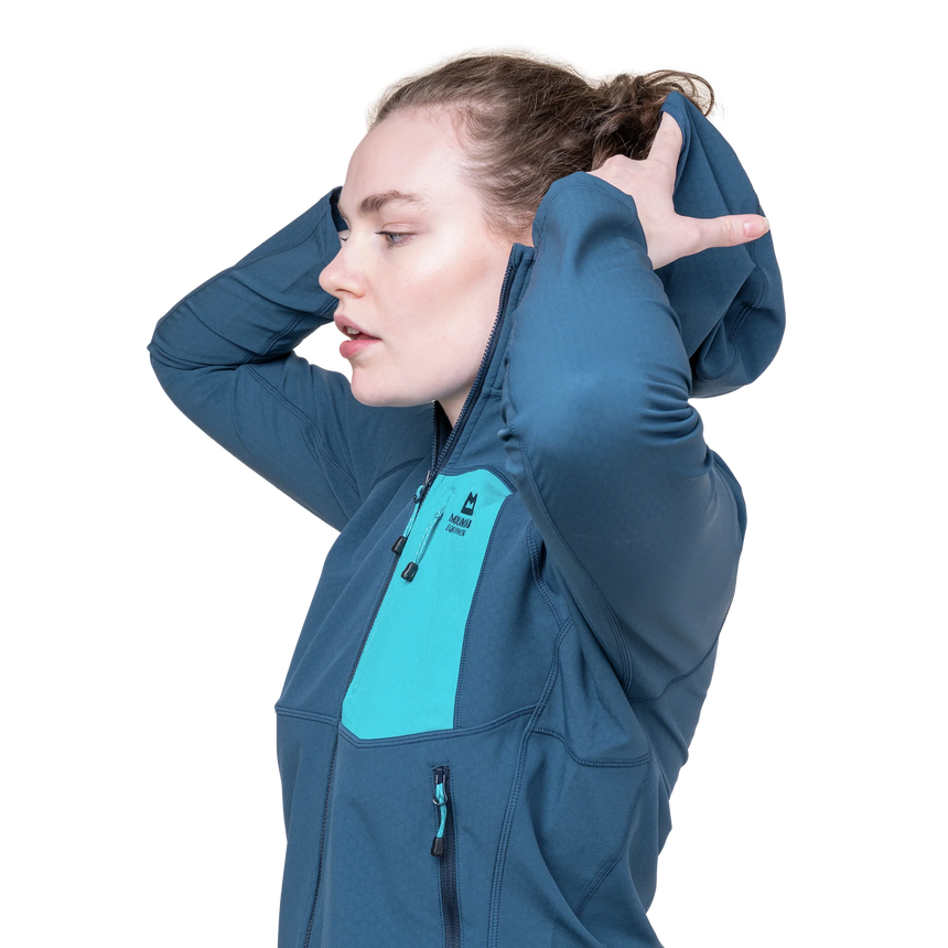 Mountain Equipment Arrow Hooded Women's Jacket in Dusk/Topaz - On Model Hood Side 2