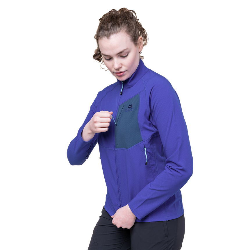 Mountain Equipment Arrow Women's Jacket in Clematis/Dusk - On Model Pocket Detail