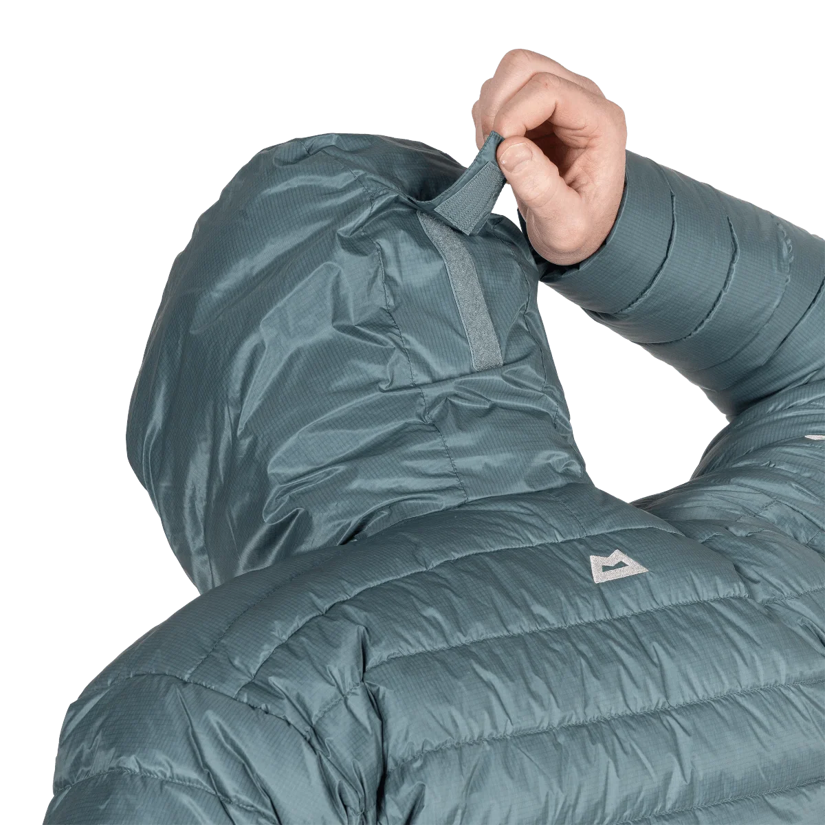 Mountain Equipment Baltoro Men's Jacket in Goblin Blue - Hood Detail On Model 2