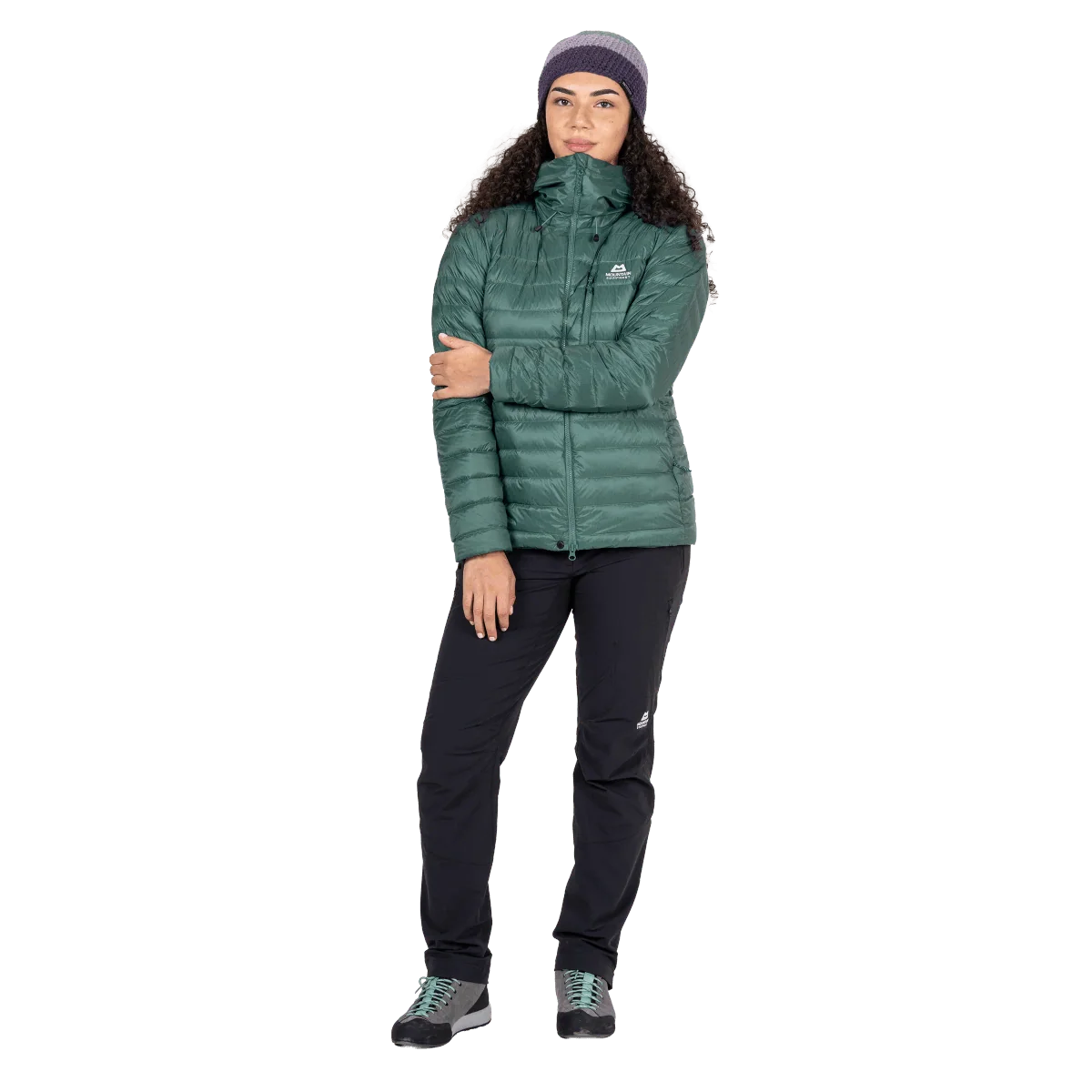 Mountain Equipment Baltoro Women's Jacket in Sea Pine - Front On Model 2