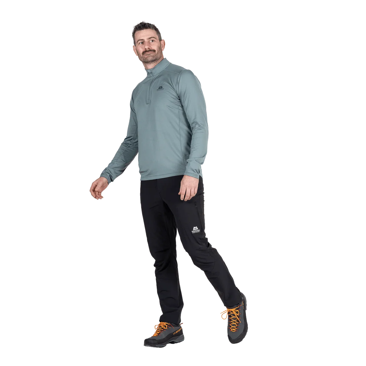 Mountain Equipment Cerrig Men's LS Zip T in Goblin Blue - Side on Model