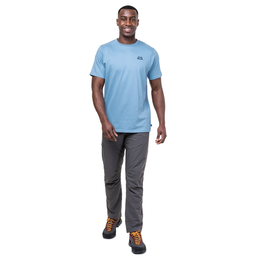 Mountain Equipment Everest Men's Tee in Heritage Blue - On Model Walking Side