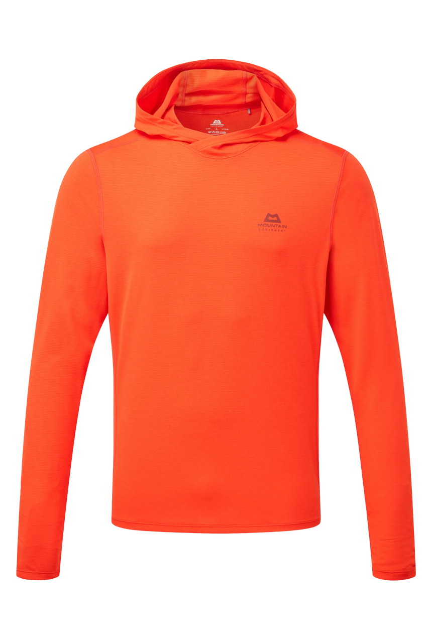 Mountain Equipment Glace Hooded Men's Top in Cardinal Orange - Flat lay