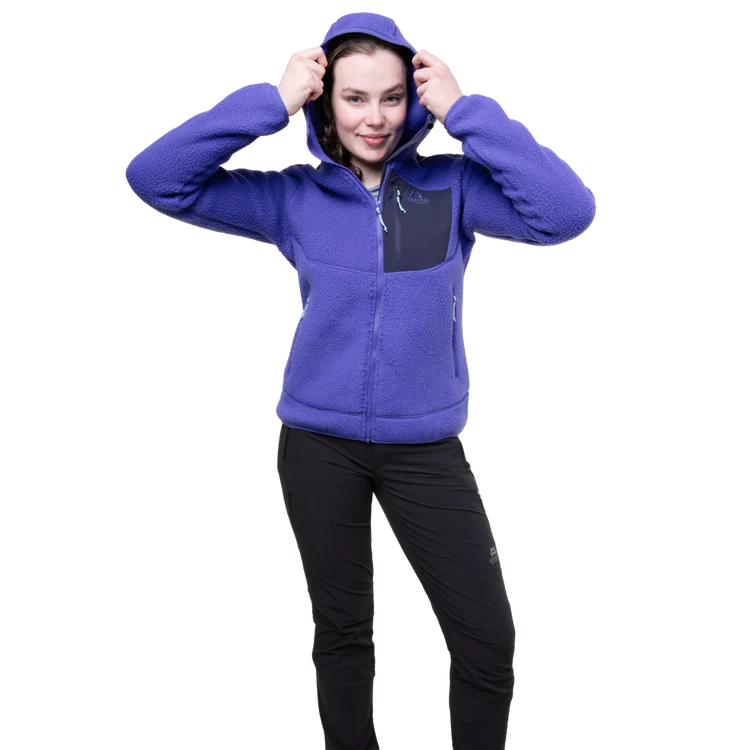 Mountain Equipment Highpile Hooded Women's Jacket in Clematis/Cosmos - On Model Hood Adjust