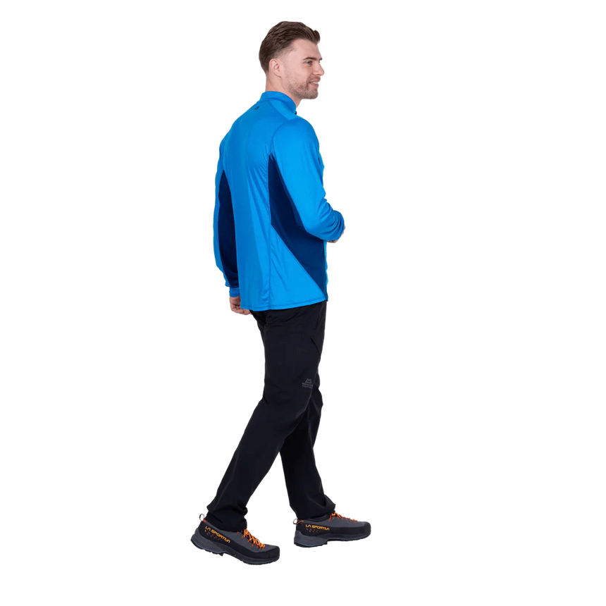 Mountain Equipment Ignis Long Sleeve Men's Zip Tee in Admiral/Atlantic - On Model Walking Front