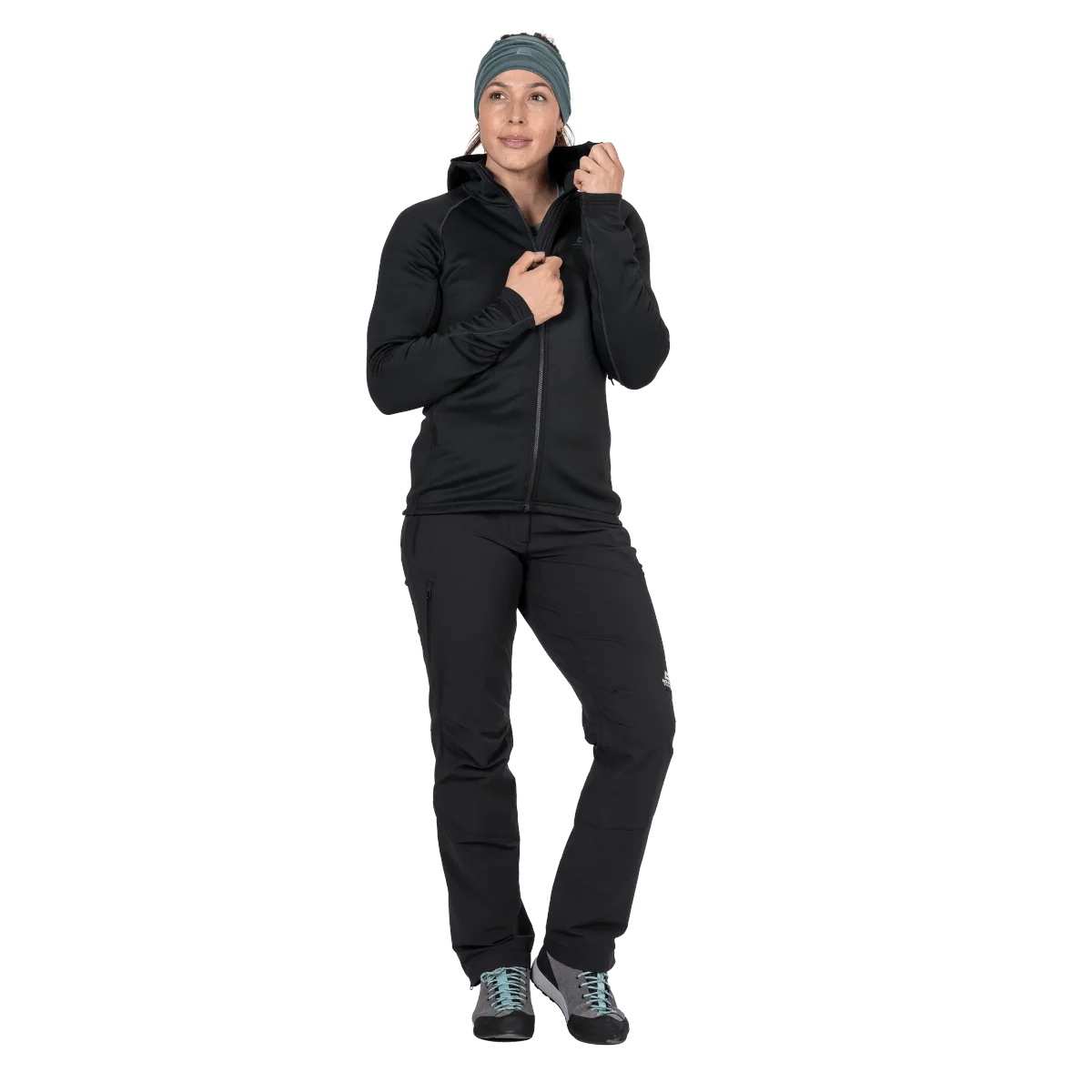 Mountain Equipment Jorasses Hooded Women's Jacket in Black - On Model Front Detail, Hood Up