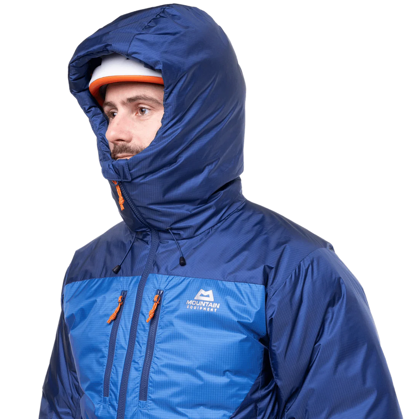 Mountain Equipment Kryos Men's Jacket in Admiral/Atlantic - On Model Hood Up Side