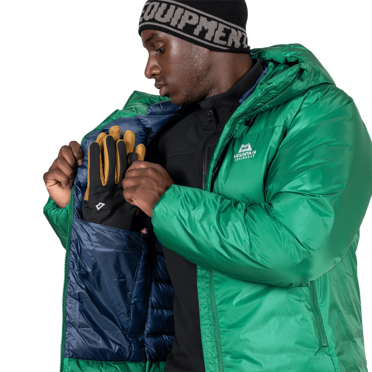 Mountain Equipment Kryos Men's Jacket in Alpine Green - Pocket and Glove Detail