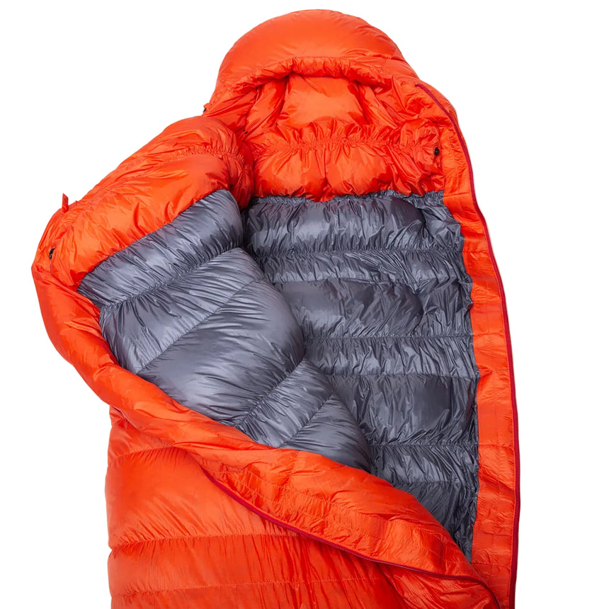 Mountain Equipment Kryos Sleeping Bag in Cardinal Orange - Open Hood