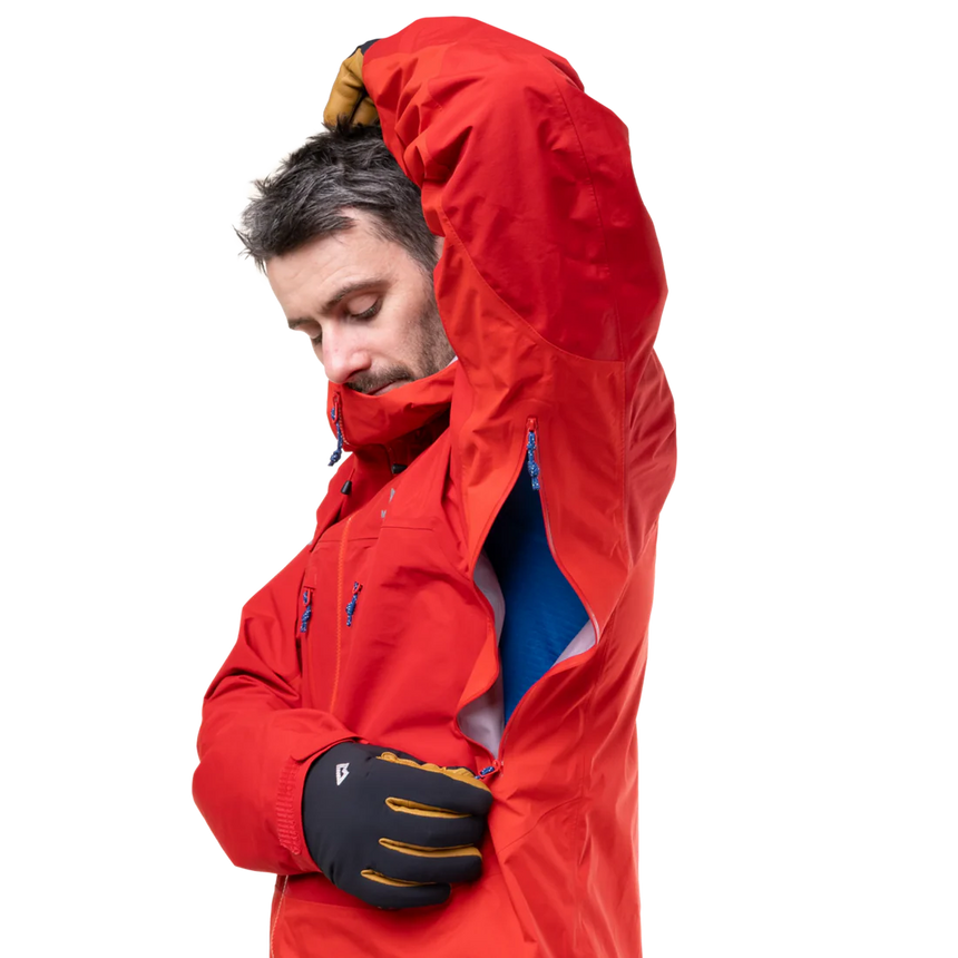 Mountain Equipment Orion Men's Jacket in Chili/Crimson - Hood Detail