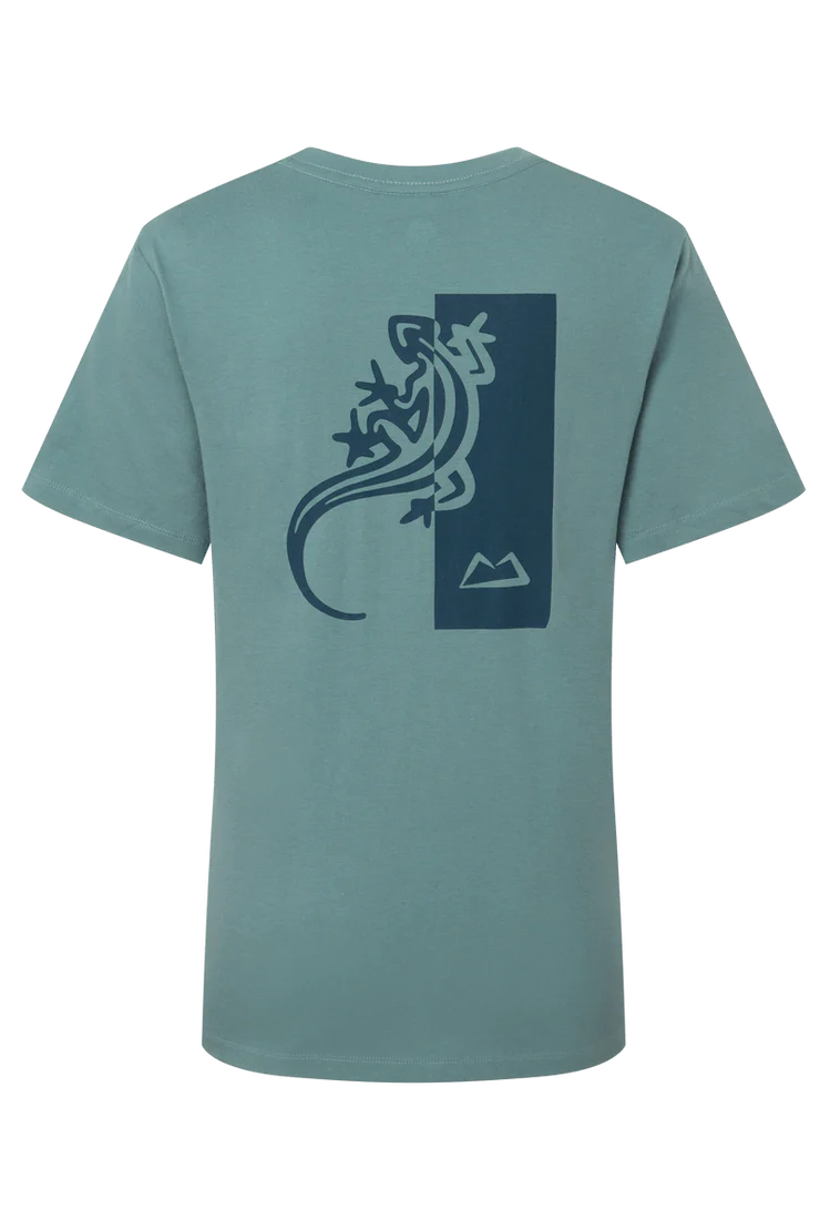 Mountain Equipment Podus Women's Tee in Goblin Blue - Back flat lay showing graphic