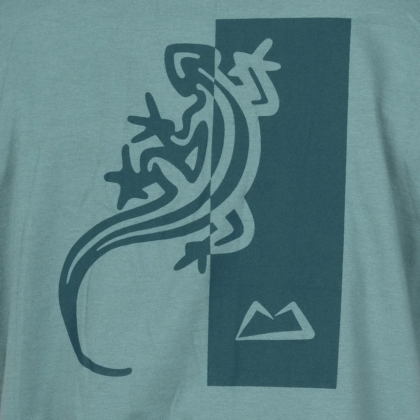 Mountain Equipment Podus Women's Tee in Goblin Blue - Back model view showing graphic