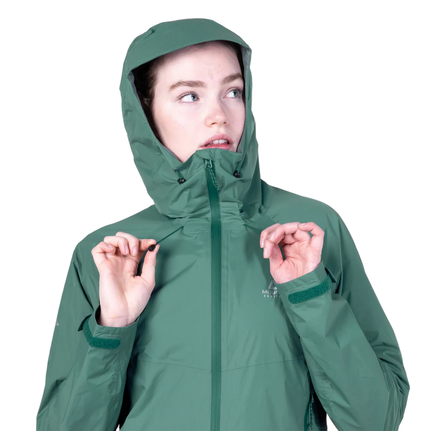 Mountain Equipment Raintower Women's Jacket in Sea Pine - Hood adjustment model view