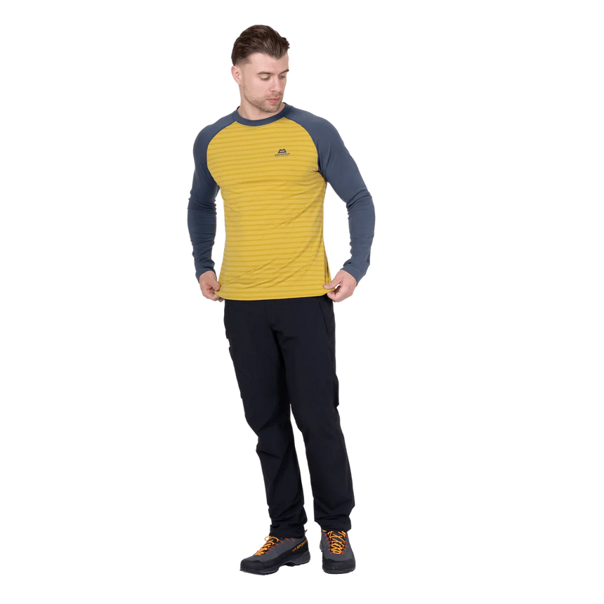 Mountain Equipment Redline LS Men's Tee in Acidstripe/Denim - On Model Three Quarter