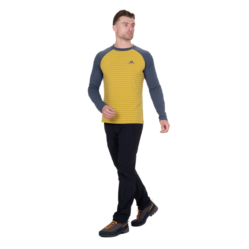 Mountain Equipment Redline LS Men's Tee in Acidstripe/Denim - On Model Walking Front