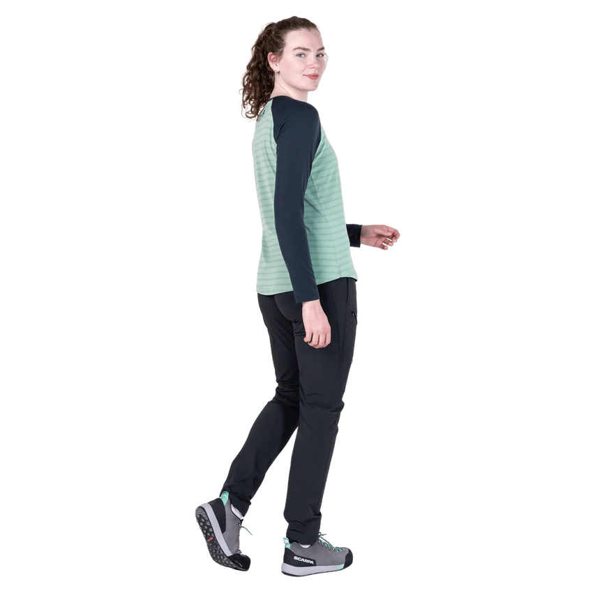 Mountain Equipment Redline LS Women's Tee in Lichen Stripe/Cosmos - Front full length model view 3