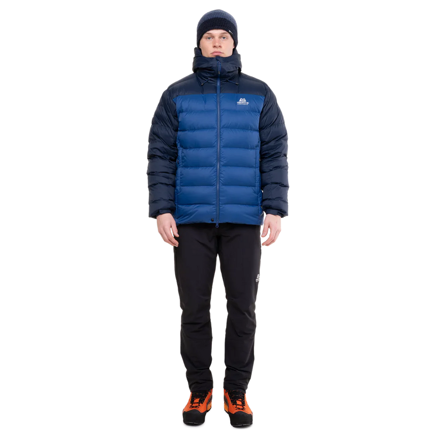 Mountain Equipment Senja Men's Down Jacket in Admiral/Cosmos - Full Front Fit Shot on Model
