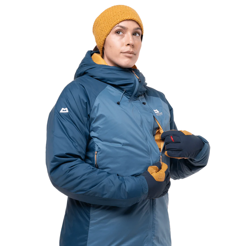 Mountain Equipment Shelterstone Women's Jacket in Stellar/Majolica - On Model Hood Up Front
