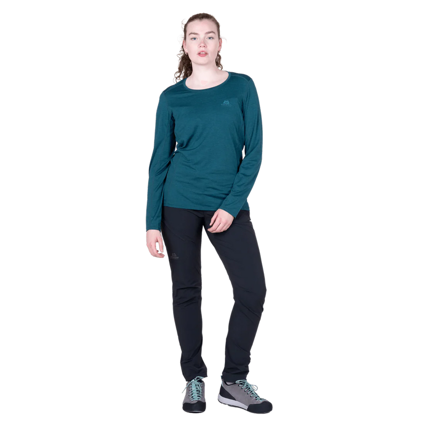 Mountain Equipment Tempi Women's LS Tee in Majolica Blue - Arms crossed