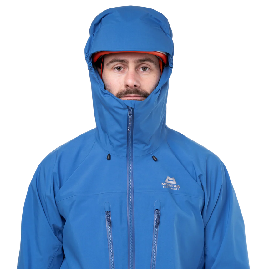 Mountain Equipment Tupilak Men's GORE-TEX Jacket in Atlantic Blue - Hood Up on Model