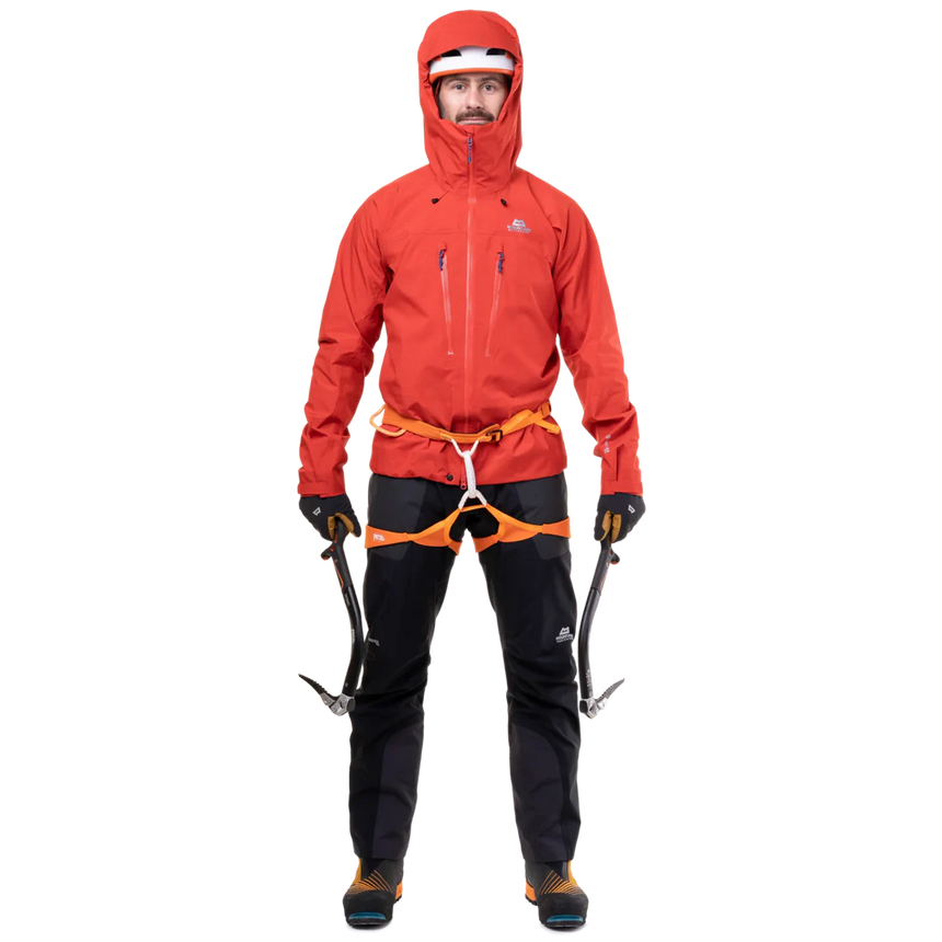Mountain Equipment Tupilak Men's GORE-TEX Jacket in Chili Red - Harness and Climbing View on Model