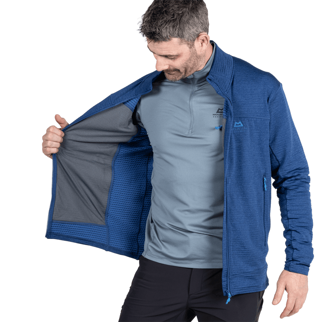 Mountain Equipment Apiro Jacket Blue model inside Outdoor Action